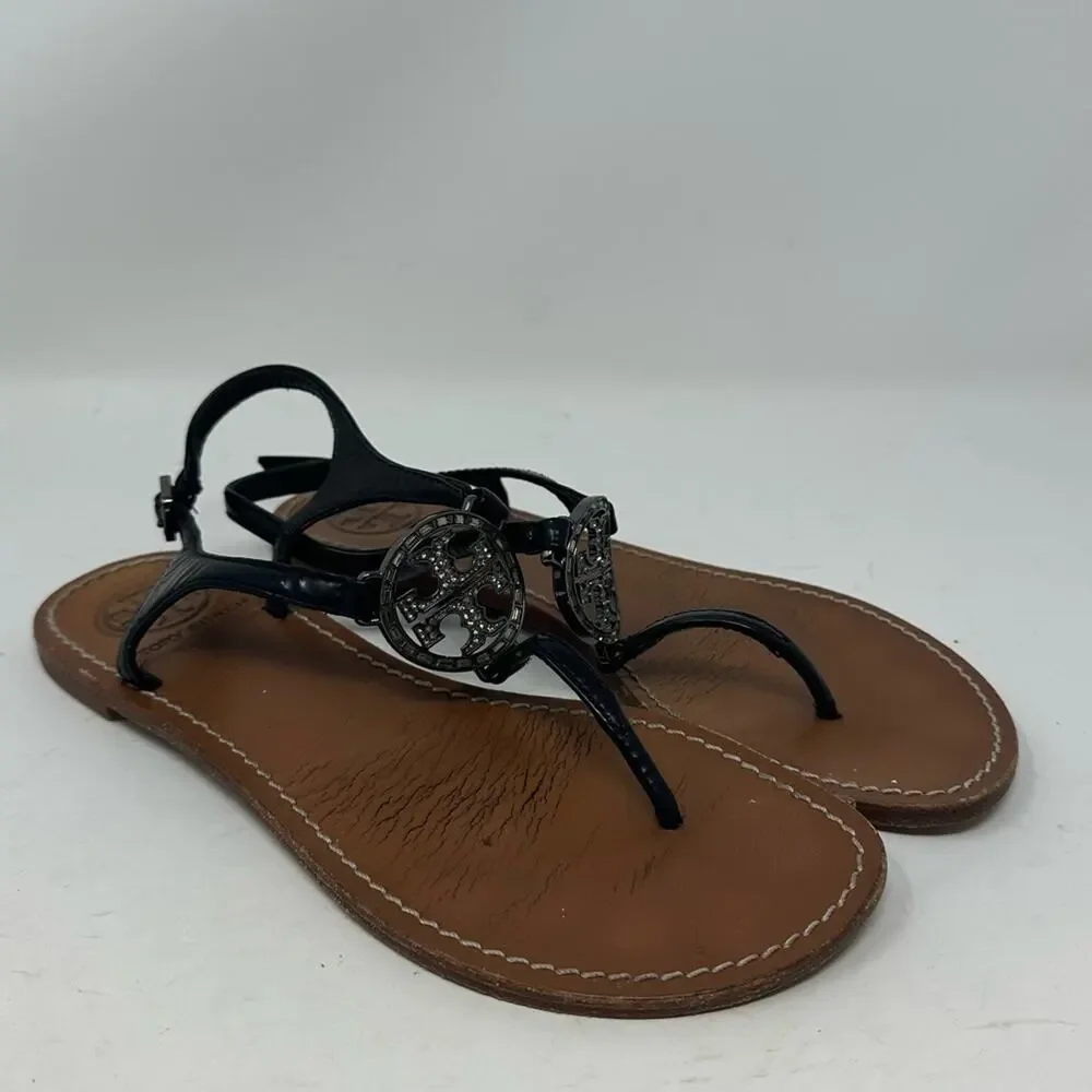 Tory Burch Violet Thong Sandals Black Crystal Logo Size 7.5 Leather Ankle Strap